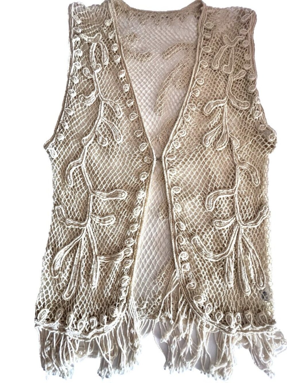 Beaded CROCHET VEST Sz L-XL Ecru Sharmark Las Vegas PEARL Fringe GORGEOUS VTG